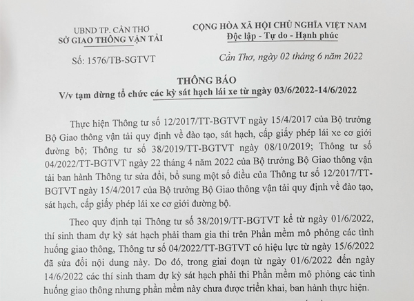 Thông báo Tạm dừng tổ chức thi sát hạch lái xe từ ngày 03/06 - 14/06/2022