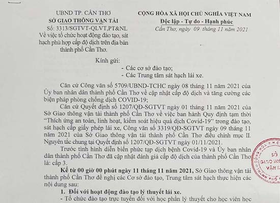 Thông báo tháng 11/2021 theo công văn số 3313 của Sở GTVT Thành Phố Cần Thơ