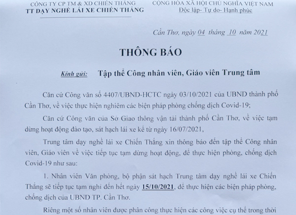 Thông báo tháng 10/2021